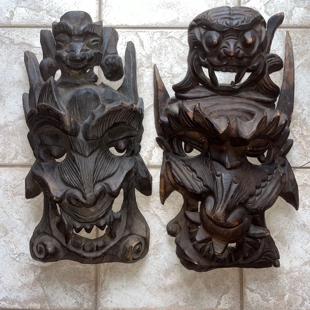 Antique wooden carved Chinese masks set of two